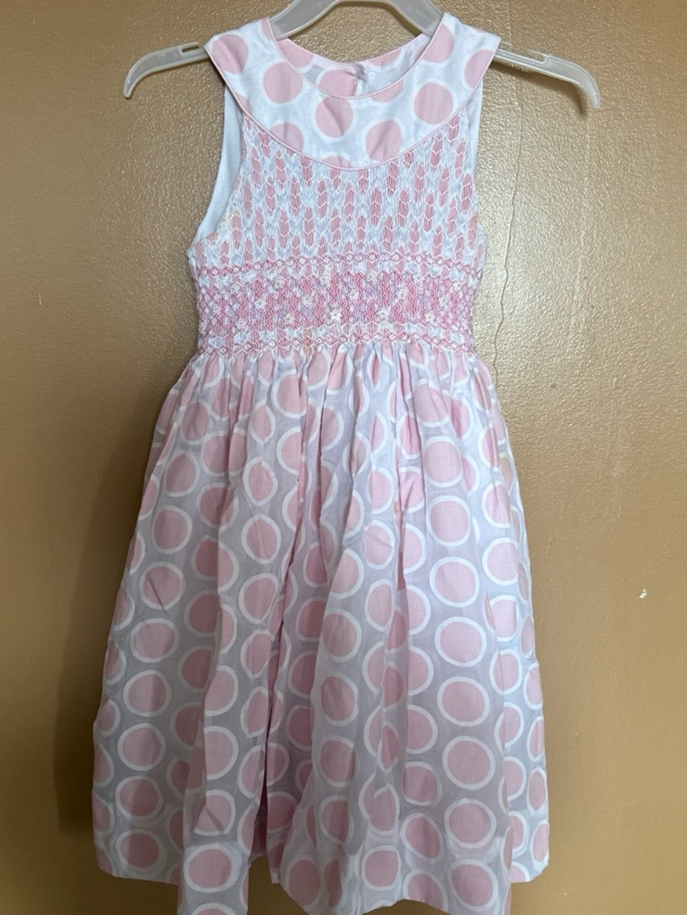 Girls Pink Smocked Circle-Print Party Dress